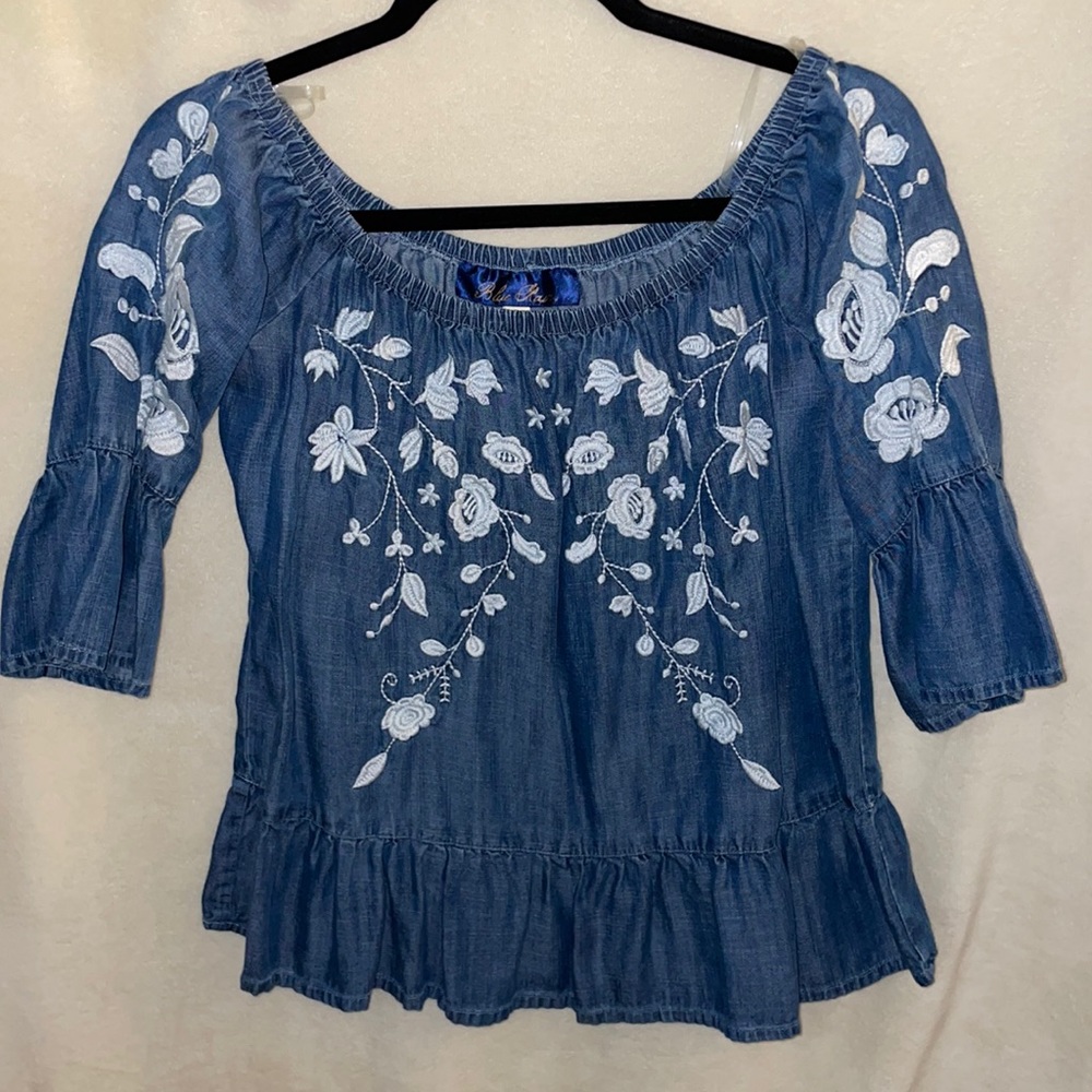 Denim Embroidered Top